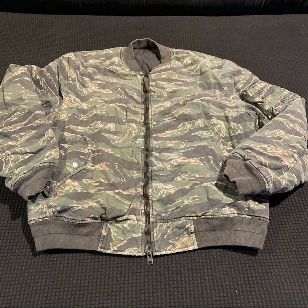 All Saints Vintage Faded Tiger Stripe Camouflage Bomber Jacket Size XL
